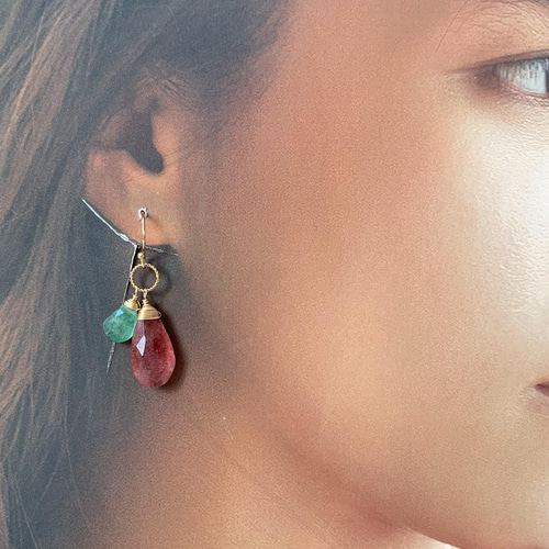 14kgf*アフリカン＆グリーン♡Wストロベリークォーツのピアス*天然石 