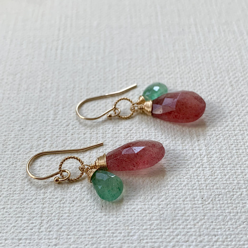 14kgf*アフリカン＆グリーン♡Wストロベリークォーツのピアス*天然石 