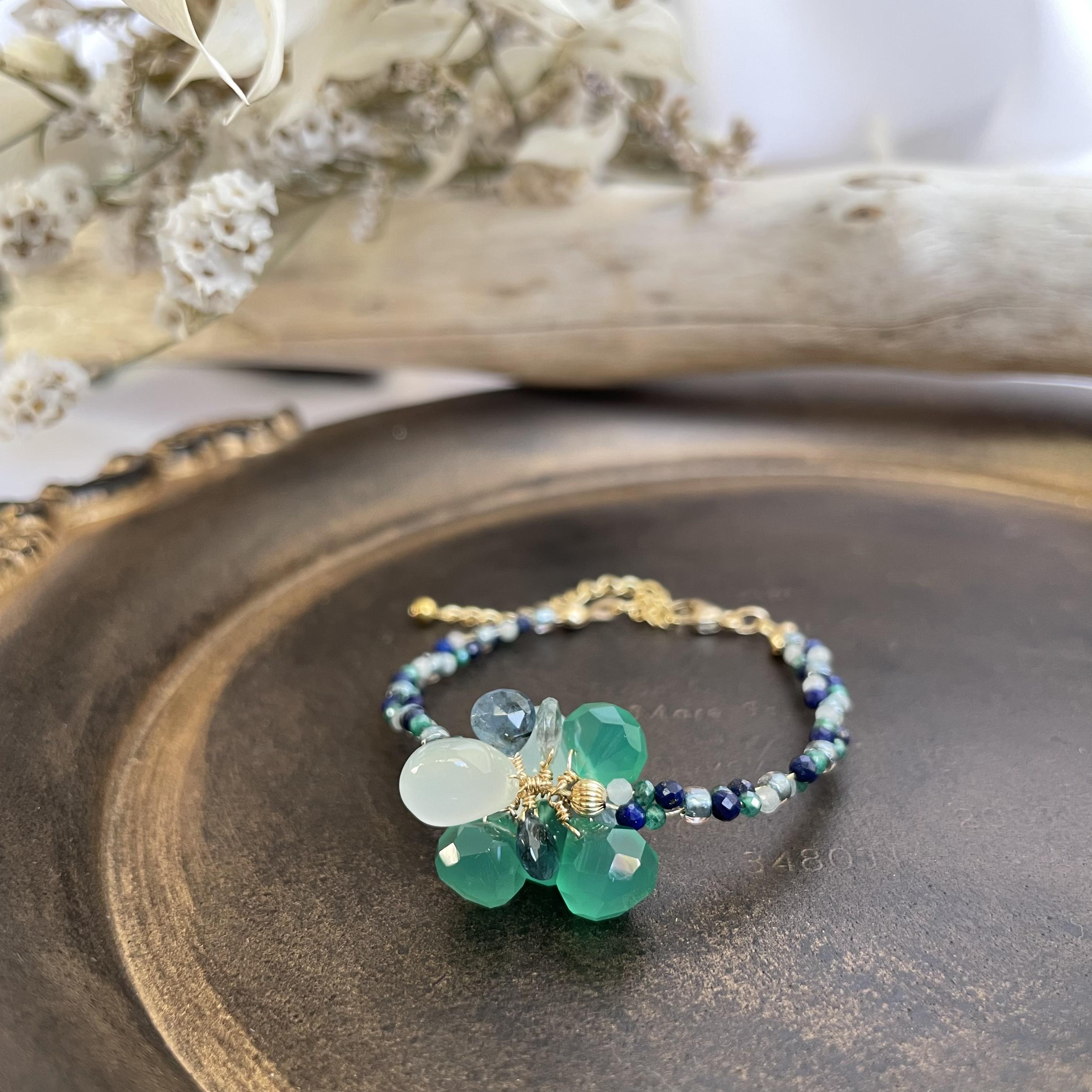 14kgf使用 グリーンオニキス ペールブルーカルセドニー モスアクアマリン  アジャスターブレスレット