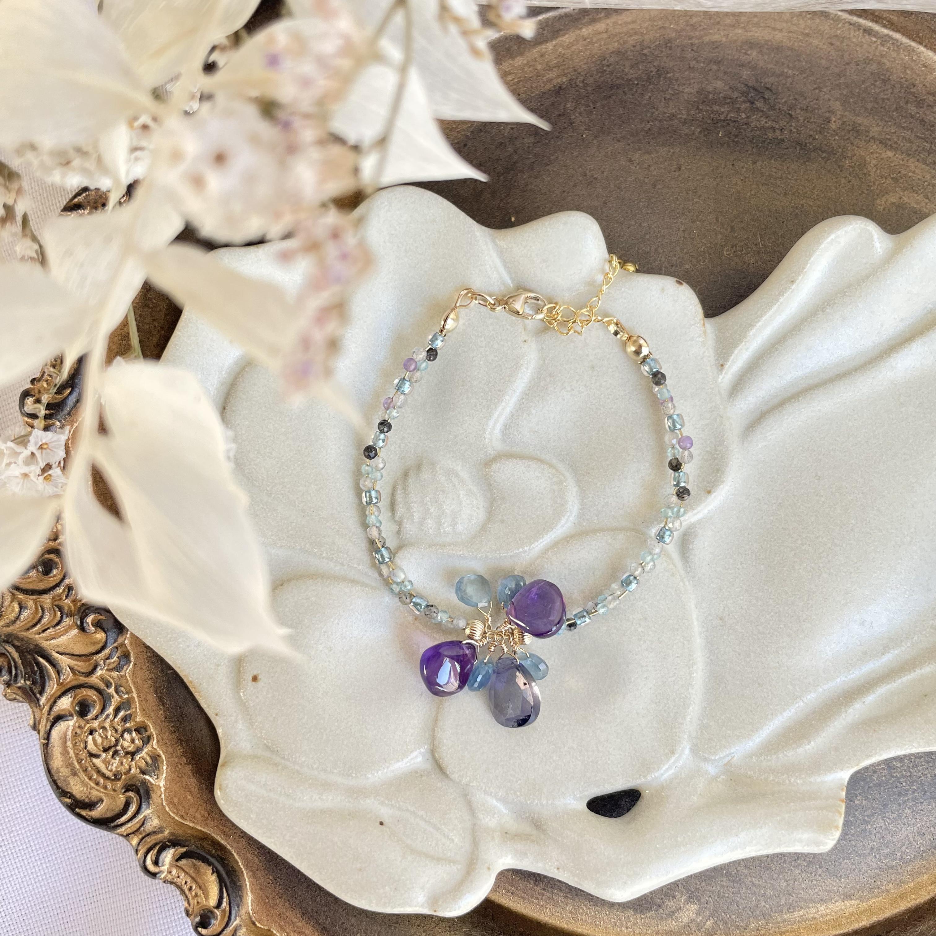 14kgf使用アメジスト アイオライト モスアクアマリン  アジャスターブレスレット