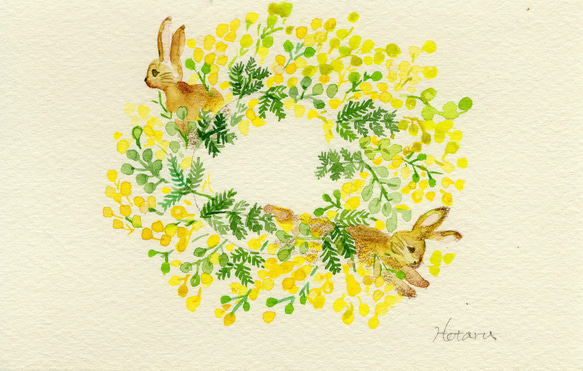額付き水彩画＊ミモザとうさぎのリース 絵画 hotaru yoshinaga
