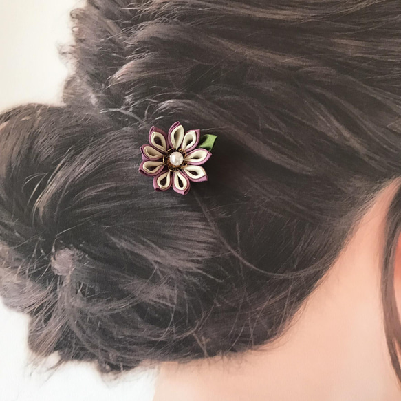 つまみ細工の髪飾り　選べるヘアピン・パッチンピン・ベビークリップの小菊10色から1点 2枚目の画像