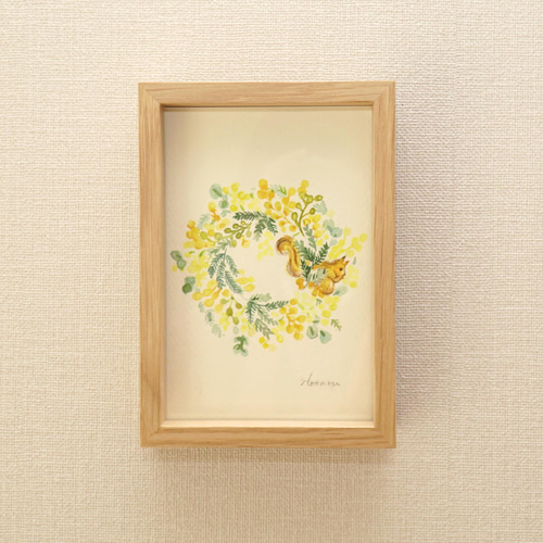 水彩画原画＊ミモザとリスのリース イラスト hotaru yoshinaga