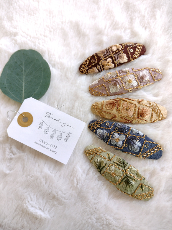 8color【7㌢】大人も似合うインド刺繍リボンのヘアピン　ぱっちんピン　 1枚目の画像