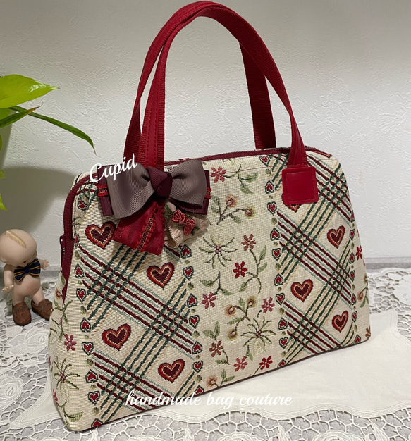 ◇うさおさ様オーダー品◇ボストンバッグ◇ オランダ輸入ゴブラン織り ハートとお花柄のカパッと開閉