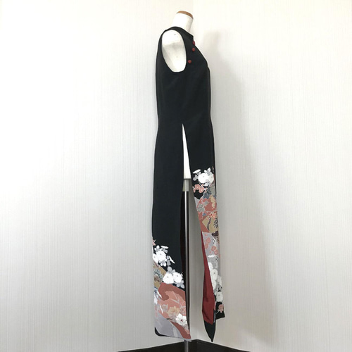 アオザイ 風 スリット ワンピース ドレス 【 着物リメイク 】 黒 アオザイ 風 スリット ワンピース ドレス 【 着物リメイク 】 黒