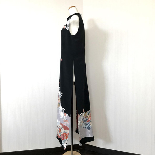 アオザイ 風 スリット ワンピース ドレス 【 着物リメイク 】 黒 アオザイ 風 スリット ワンピース ドレス 【 着物リメイク 】 黒