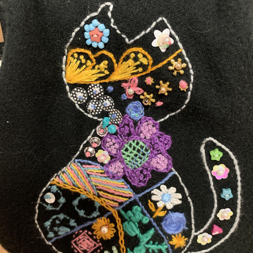 猫刺繍×ビーズ がま口ショルダーバッグ 黒 (ブラック) ポシェット  