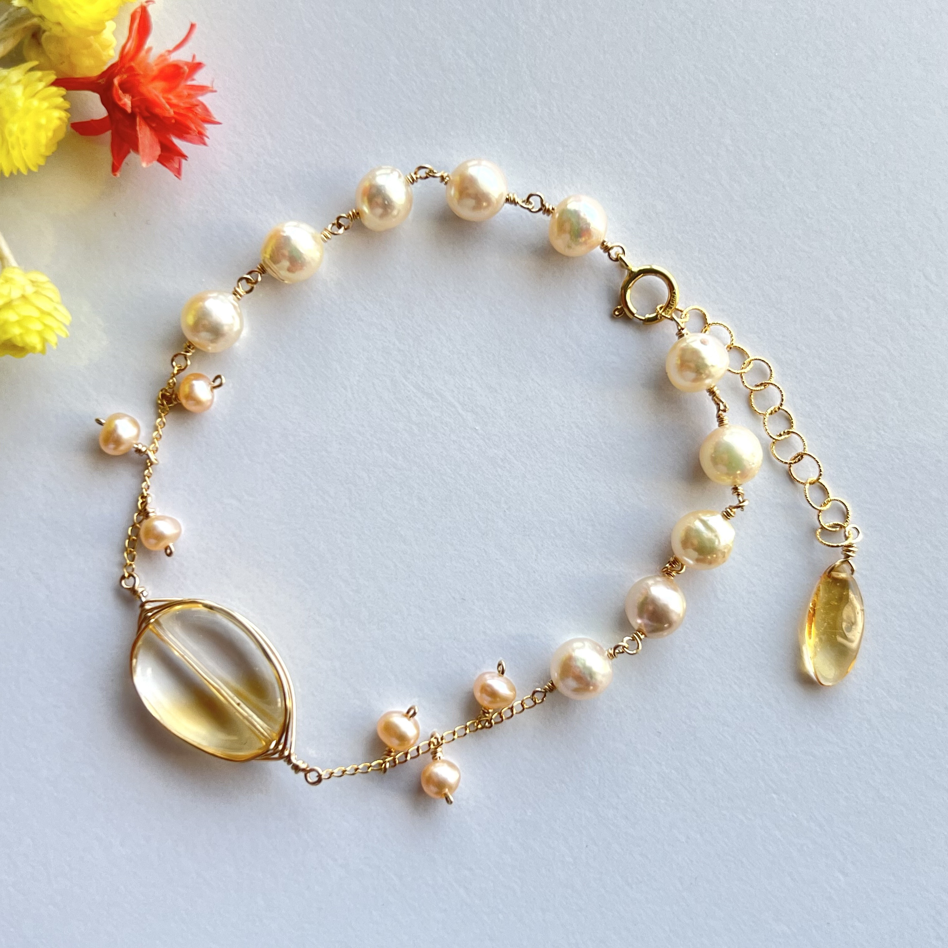 透明感のある シトリンと あこや、淡水パール の ブレスレット 14kgf