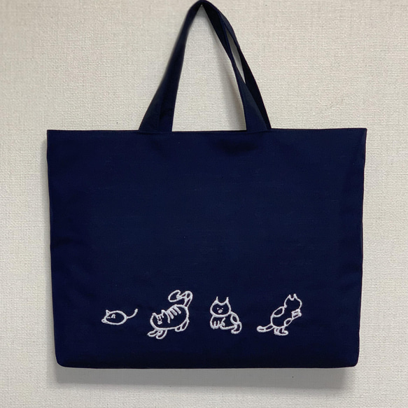 2/2 ねこまま　手刺繍　ローズ　レッスンバッグ　上履き入れ　他　ブルー 1/2 ねこまま様専用 手刺繍 ローズ レッスンバッグ 上履き入れ