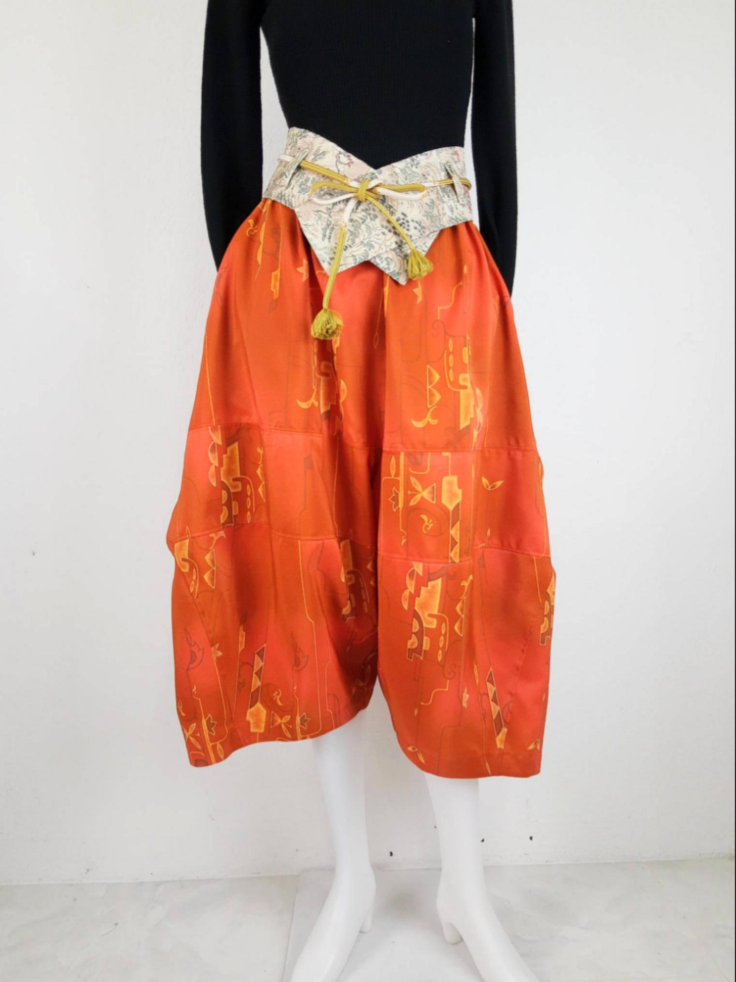 着物リメイク　 送料無料 １点物 ウエストフリーボリュームパンツ