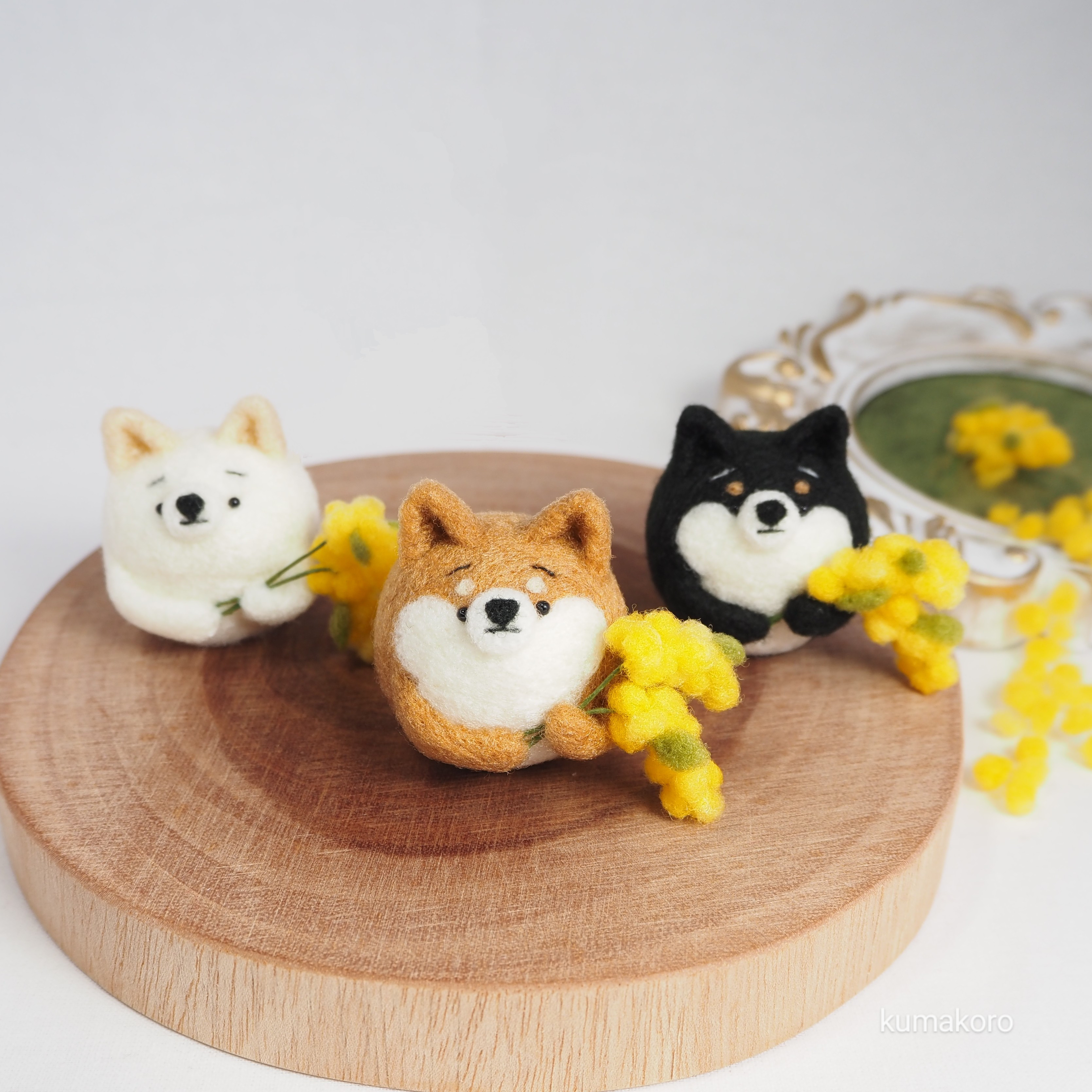 【受注製作】まゆ柴犬がミモザを贈ります。(赤柴・黒柴・白柴)　羊毛フェルト