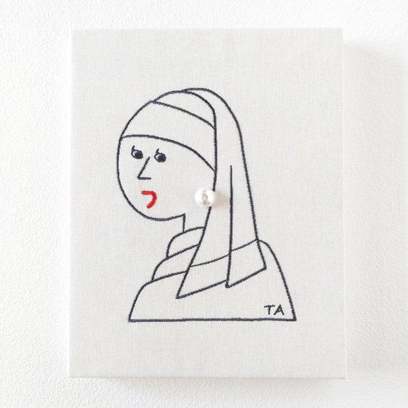 ■フェルメール 真珠の耳飾りの少女■ドローイング風刺繍 木製ファブリックパネル ■ Mサイズ ■ 3枚目の画像
