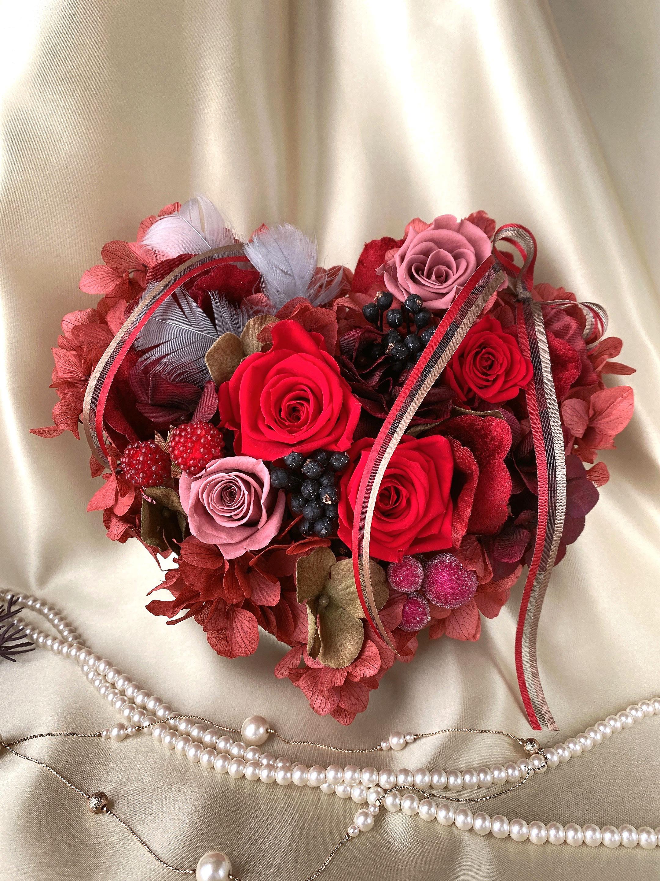 【赤のハートリース】プリザーブドフラワー　卒業祝い　入学祝い　母の日　結婚祝い　新築祝い　誕生日祝い