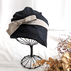 【即納】軽・洗える・締め付けない　コットンリネン帽子（ブラック×グレージュ） 11枚目の画像