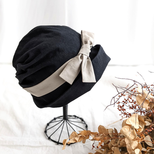 【即納】軽・洗える・締め付けない　コットンリネン帽子（ブラック×グレージュ） 10枚目の画像