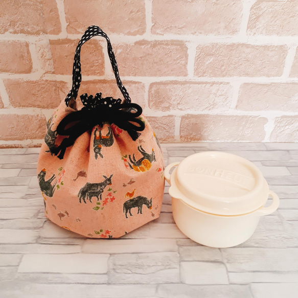 おくたごんきんちゃく①レトロ ロバ柄 ピンク☆ハンドメイド☆ランチ 