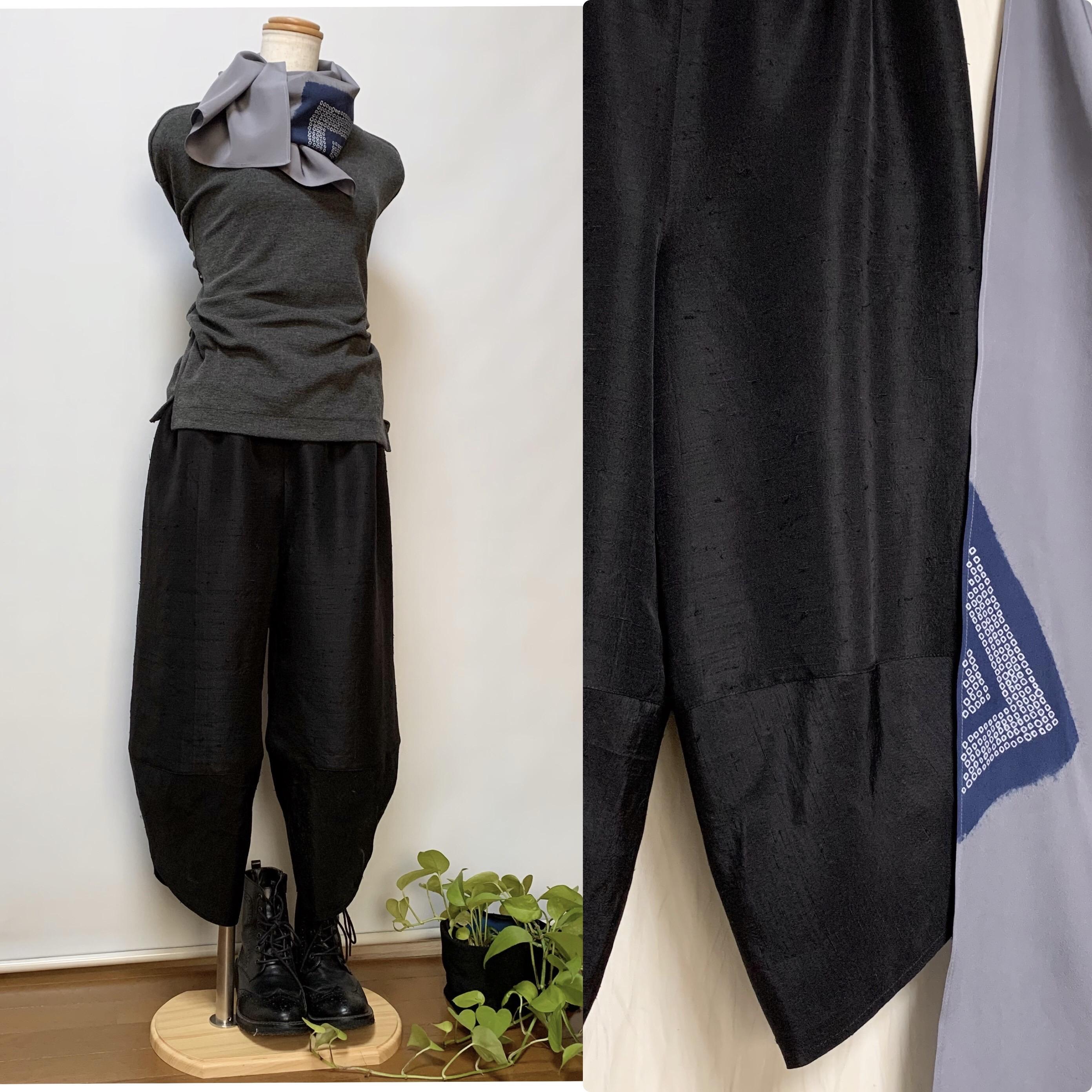 黒紬サルエルパンツ＋ストール＊裏地付き＊着物リメイク