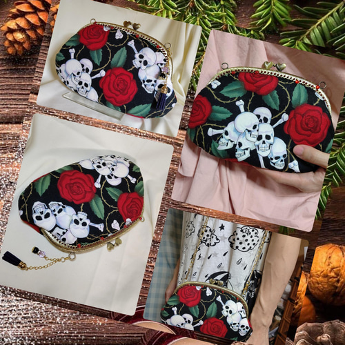 薔薇とドクロ☆がま口 ポーチ クラッチバッグ☆アレキサンダーヘンリー  