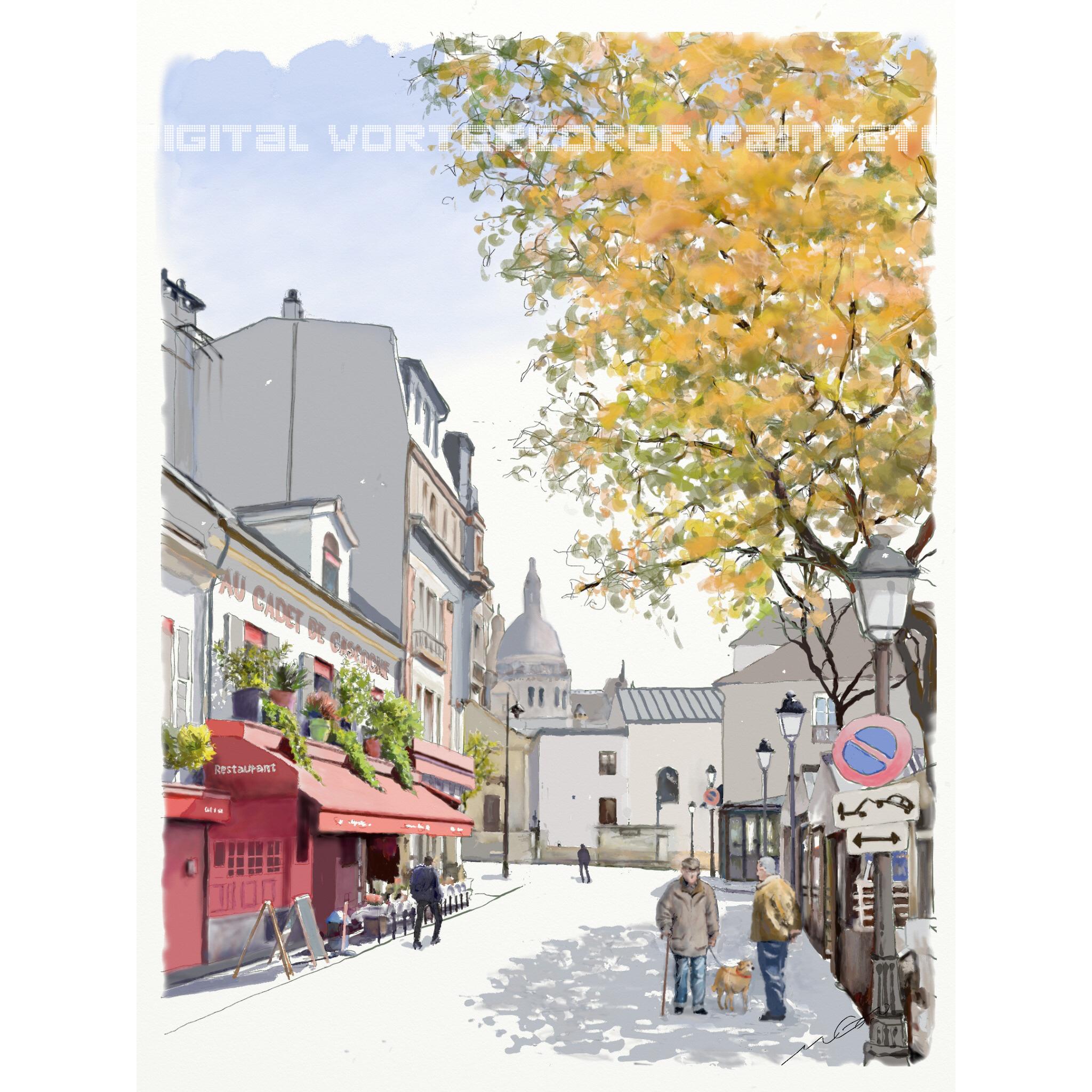 風景画 パリ 油絵 インテリアアート「モンマルトルの赤いカフェ