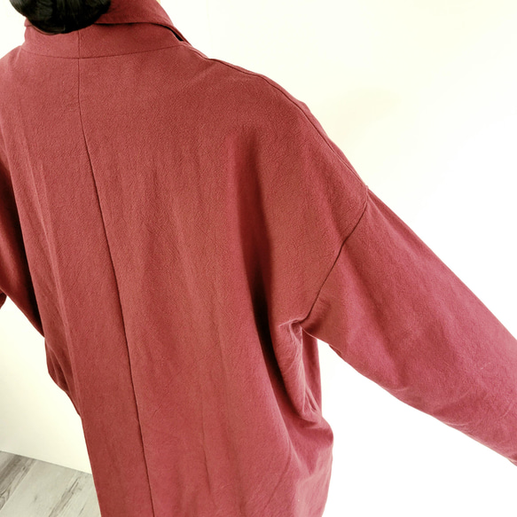 【即納】さっと羽織れるアンティークなコットンリネンのコート☆裏地のツートンが可愛い1枚　レッド 7枚目の画像