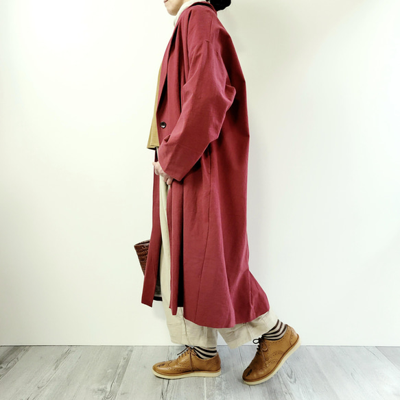 【即納】さっと羽織れるアンティークなコットンリネンのコート☆裏地のツートンが可愛い1枚　レッド 11枚目の画像