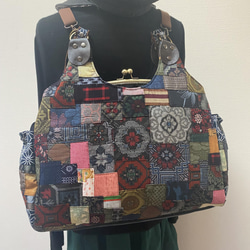 帆布 パッチ がま口 バッグ あおりポケット デニム 3WEY