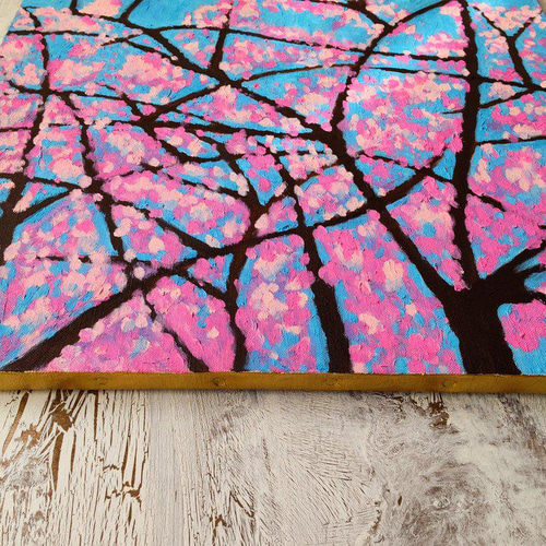 油彩画　「　月と桜　」金箔 原画　額付 油彩画「月と桜」金箔 原画額付