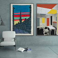 【NO.345】室内のレトロモダンでスタイリッシュなアートポスターグリッド模様家具モードモッズ個性的トリコロールB3B2 6枚目の画像
