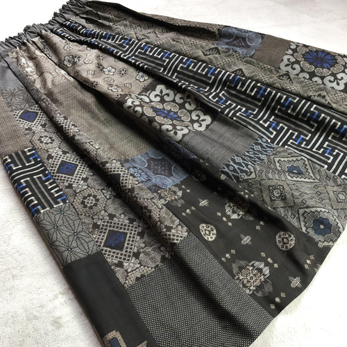 アンティーク大島紬のパッチワークスカート 龍郷青 裏地付き 着物