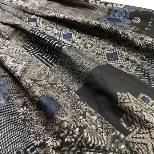 アンティーク大島紬のパッチワークスカート 龍郷青 裏地付き 着物