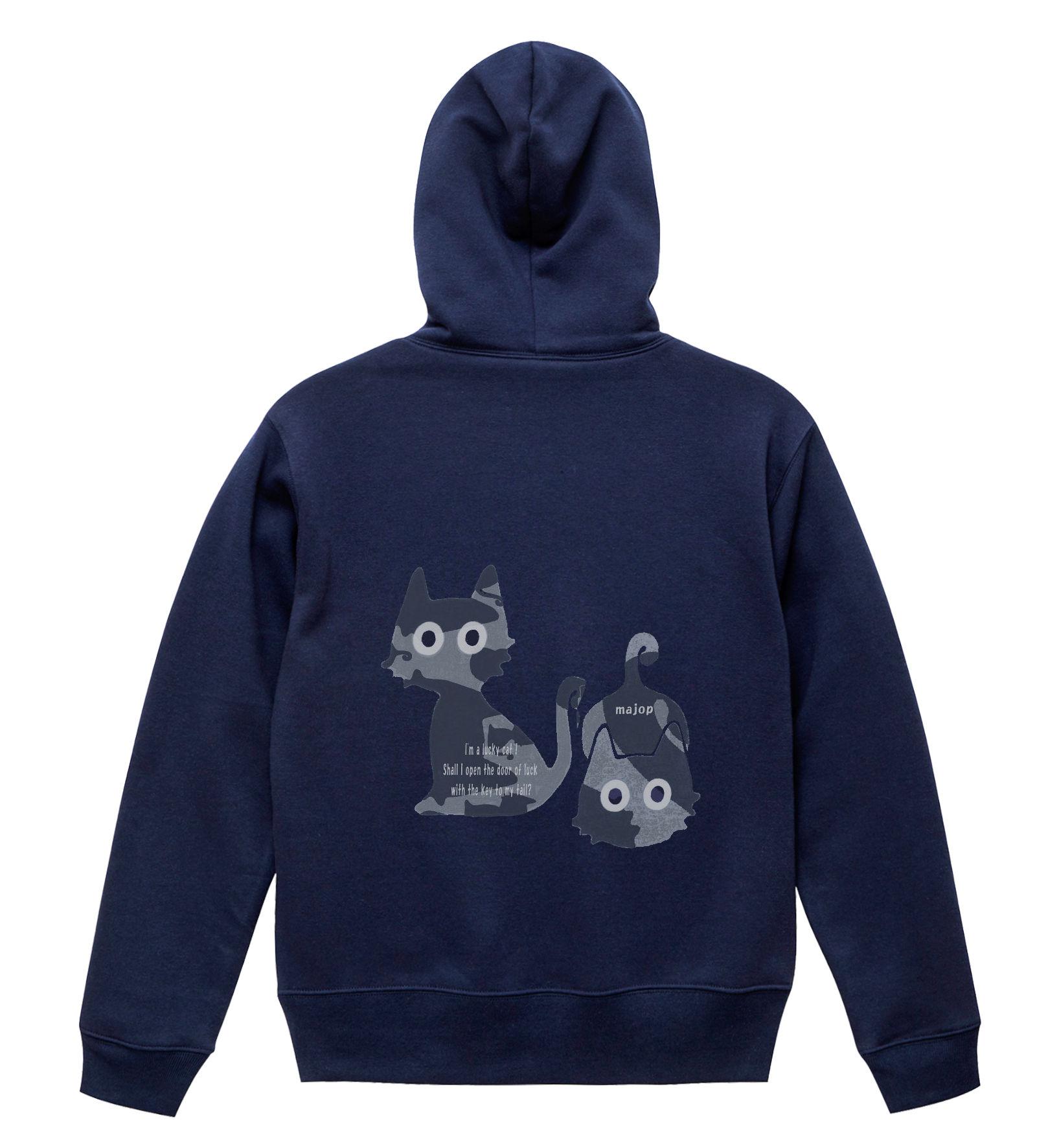 迷彩かぎしっぽ猫ジップパーカー／紺　ネイビー（裏パイル　裏起毛）