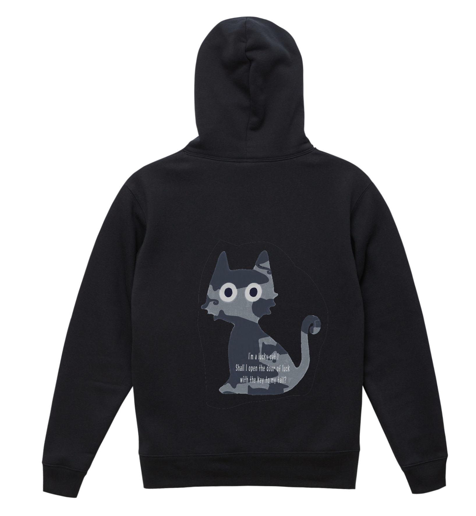 迷彩かぎしっぽ猫ジップパーカー／ブラック　黒（裏パイル　裏起毛）