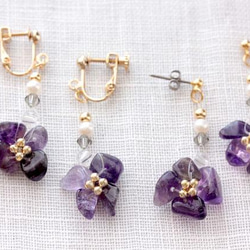 淡水珍珠紫水晶花朵耳環（耳環可換）金色 第1張的照片