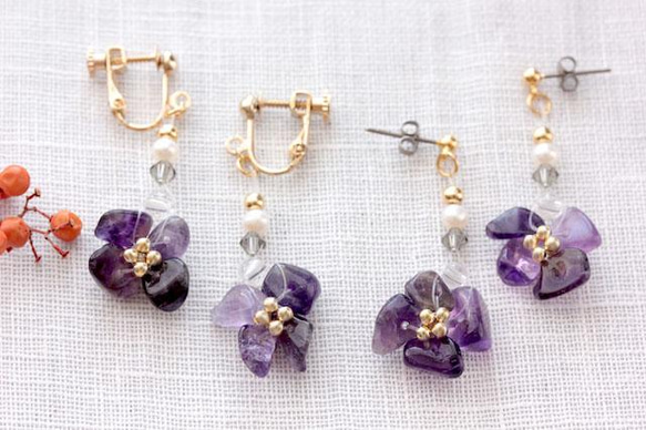 淡水珍珠紫水晶花朵耳環（耳環可換）金色 第1張的照片