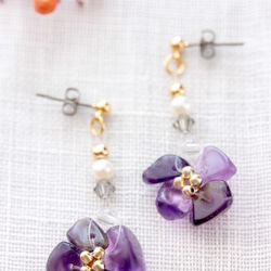 淡水珍珠紫水晶花朵耳環（耳環可換）金色 第2張的照片