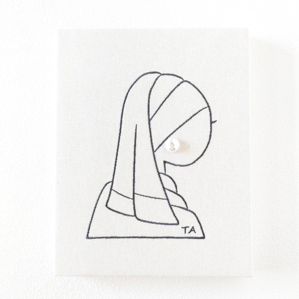 ■フェルメール 真珠の耳飾りの少女　横顔 ■ドローイング風刺繍 木製ファブリックパネル ■ Mサイズ ■ 3枚目の画像