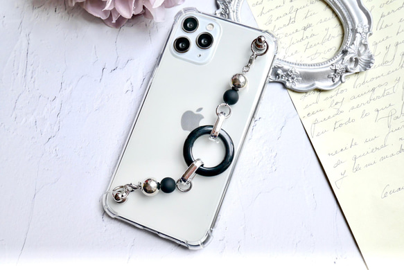 ブラックフープのキーリングハンガー　スマホケース　iPhoneケース　全機種　スマホチェーン 2枚目の画像
