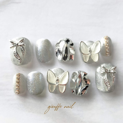 68 ネイルチップ ストーンネイル バタフライネイル 蝶パーツ シルバー  