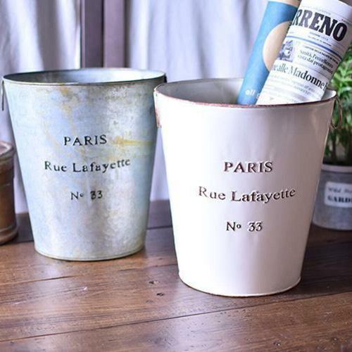 ハンマーストーン仕上げ PARIS型押しのブリキ おしゃれ バケツ 白