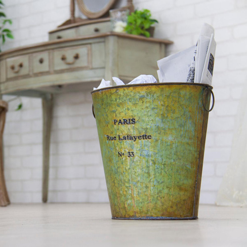 ハンマーストーン仕上げ PARIS型押しのブリキ おしゃれ バケツ 白