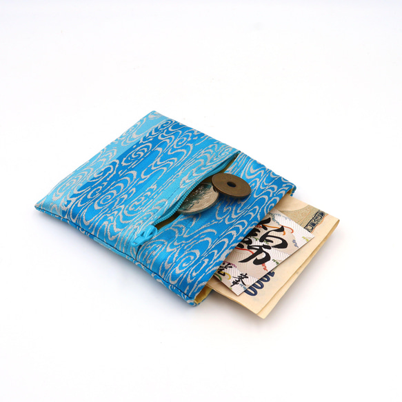 京の錦織　光峯錦織工房　青のラインが美しい　水の柄　ポケット財布 3枚目の画像