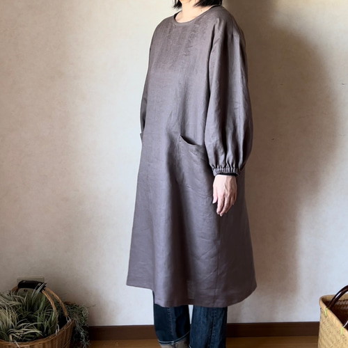 ☆お取り置き☆国産リネン割烹着 さっと羽織れる前開き割烹着 「ミニラボ」(ミニラボ/mini labo