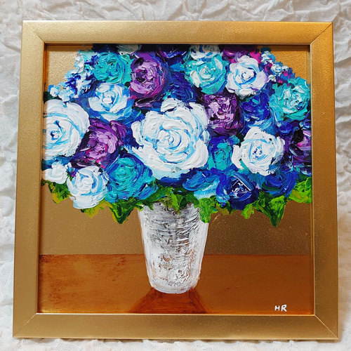 油絵 ミニ絵画 【白と青と紫の薔薇の盛り合わせ】 絵画 HR