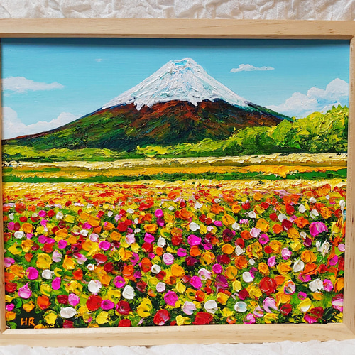 油絵 絵画 お花畑と富士山 【四切木製】 絵画 HR 通販 13344759