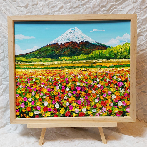 油絵 絵画 お花畑と富士山 【四切木製】 絵画 HR 通販 13344759