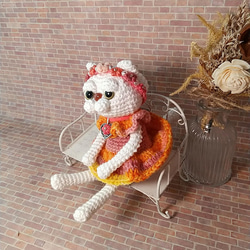 kay#3☆あみぐるみ☆花カチュームの白猫-マンチカンな猫Meru-オレンジドレス 6枚目の画像