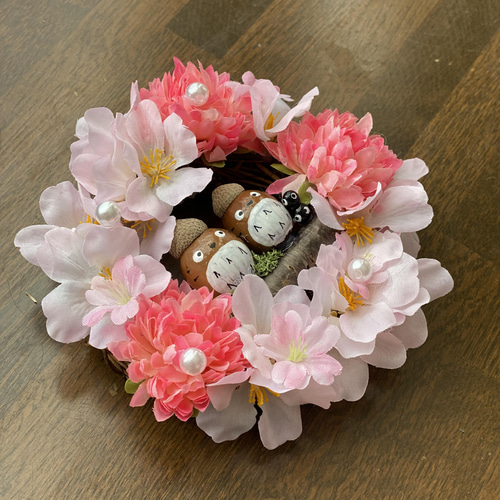 Sakura wreath ピンクさくらリース☆どんぐり アートフラワー さくら