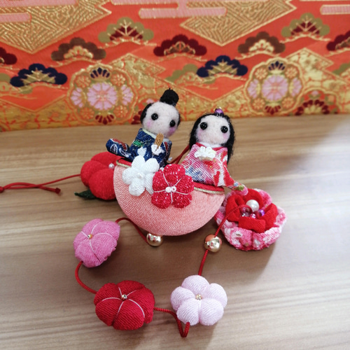 ちりめん細工&羊毛フェルトのお雛様 一本吊るし飾り ひな祭りさげもん