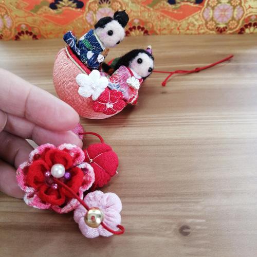 ちりめん細工&羊毛フェルトのお雛様 一本吊るし飾り ひな祭りさげもん